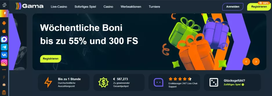 Gama Casino 100 Freispiele und 400 € Bonus